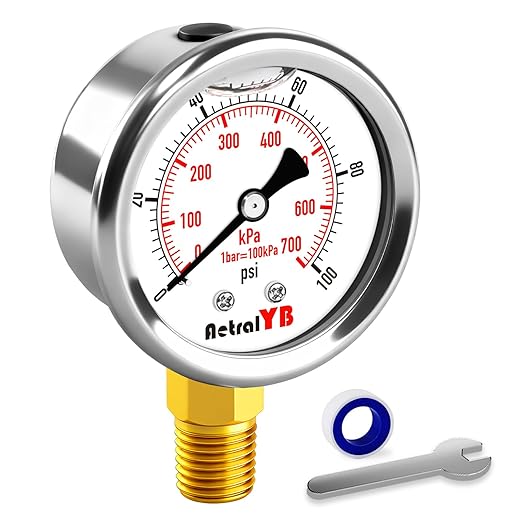 0-100 Psi 2-inch Pressure Gauge, Glycerin Filled, 1/4" NPT Lower Mount, Stainless Steel, Pool Sand Filter Pressure Gauge, Waterproof for Water Pump, Air Compressor, Well Tank, RV Regulator