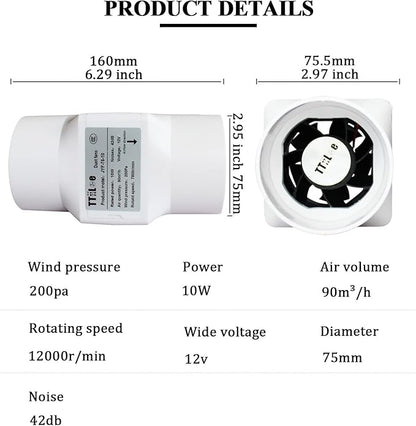 Inline Extractor Duct Fan with Speed Controller 3 inch/75mm Air Diffuser Booster 10W 12V Air Circulation Blower for Greenhouse Attic Wardrobe