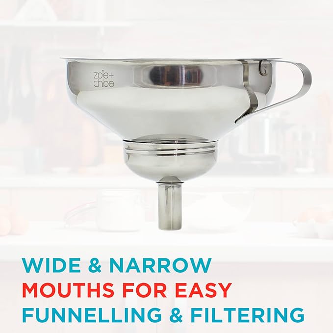 Zoie + Chloe 3-in-1 Stainless Steel Funnel Set - Kitchen Funnels with Detachable Fine Mesh Filter & Strainer for Filtering Herbs, Food Bits - Durable Stainless Steel - Ease to Use, Dishwasher Safe