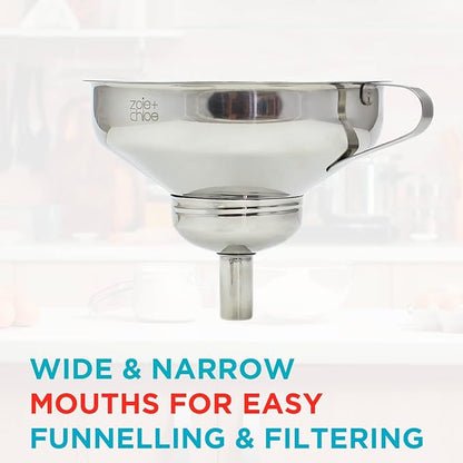 Zoie + Chloe 3-in-1 Stainless Steel Funnel Set - Kitchen Funnels with Detachable Fine Mesh Filter & Strainer for Filtering Herbs, Food Bits - Durable Stainless Steel - Ease to Use, Dishwasher Safe
