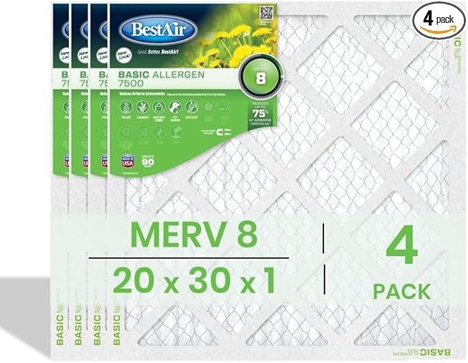 BestAir 20x30x1 Air Filter (4-Pack) | MERV 8 Basic Allergen 7500 HVAC AC Furnace Filter | Replacement Air Filter for Residential & Commercial Use | Made in USA | Actual Size (19.75 x 29.75 x 0.75)