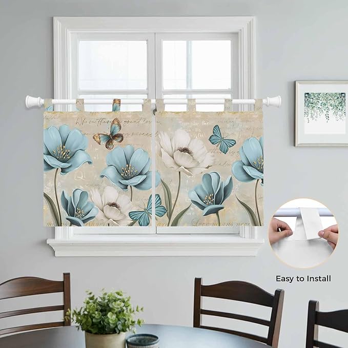 Spring Flowers Kitchen Curtains 36 Inch Length, Small Window Curtains Tab Top, Vintage Rustic Tulips Floral Butterfly Khaki Light Filtering Short Window Treatments Tier Drapes 27.5"x36" 2 Panel