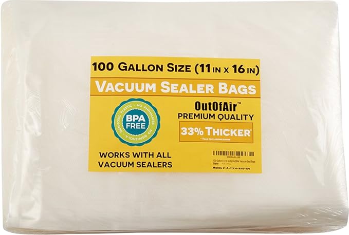 100 Vacuum Sealer Bags: Gallon Size (11" x 16") by OutOfAir Works With FoodSaver & Other Machines - 33% Thicker BPA Free, Commercial Grade, 11 x 16 inches