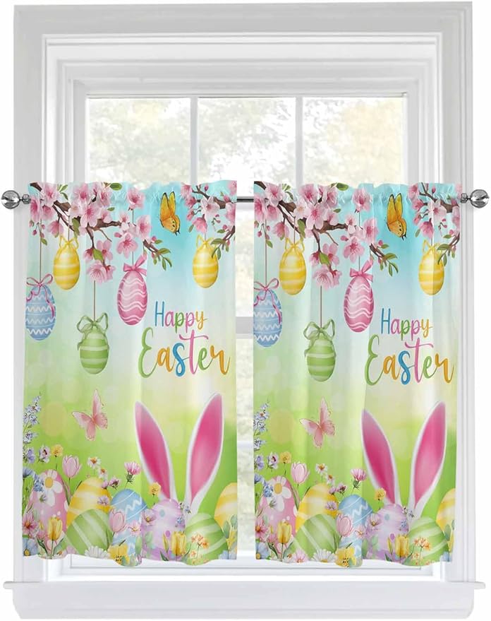 Easter Kitchen Curtains 54 Inches length, Spring Bunny Colorful Rabbit Eggs Butterfly Blue Green Window Treatment Curtain Drapes, Decorative Window Curtains for Bedroom Cafe, 52"x54", 2 Panels