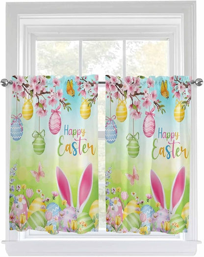 Easter Kitchen Curtains 54 Inches length, Spring Bunny Colorful Rabbit Eggs Butterfly Blue Green Window Treatment Curtain Drapes, Decorative Window Curtains for Bedroom Cafe, 52"x54", 2 Panels