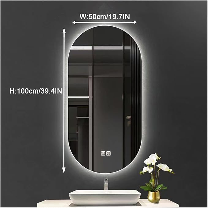 Bathroom Mirror with LED Lights，Bathroom Led Mirror ，Backlit Bathroom Mirror ，LED Mirror for Bathroom，Backlit Lighted Makeup Mirror，with Touch Sensor/Dimming/Demister pad(A,H100*W50cm/H39.4*W19.7IN)