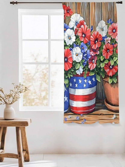 Sheer Curtains 63 Inch Length, Red Blue Flower Semi Sheer Curtains Light Filtering Window Treatment, Retro Independence Day Flag Wood Grain Privacy Voile Drapes for Living Room Bedroom 52x63 Inch