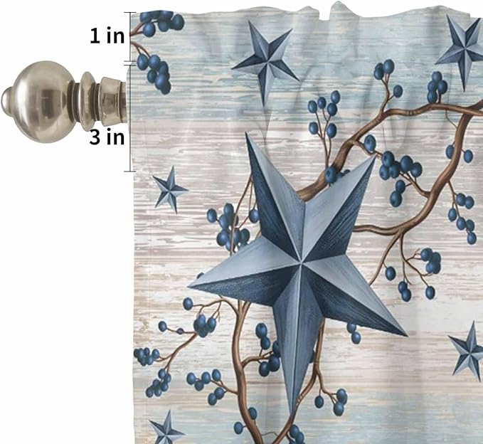 Kitchen Curtains Tiers and Valance Set of 3, Vintage Farmhouse Light Filtering Window Curtain Set, Blue Country Texas Star Vines Wooden Rod Pocket Curtain Drapes for Cafe, Living Room, 36 Inches Tiers