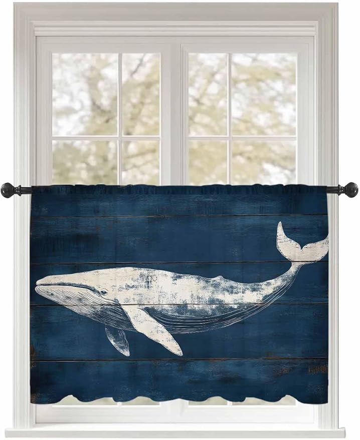 Sheer Curtains 45 Inch Length, Summer Whale Semi Sheer Curtains Light Filtering Window Treatment, Ocean Vintage Wooden Grain Blue Privacy Voile Drapes for Living Room Bedroom 52x45 Inch