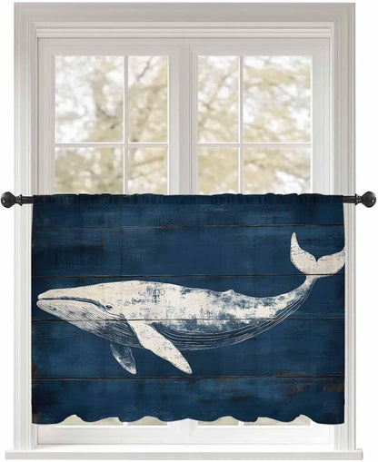 Sheer Curtains 45 Inch Length, Summer Whale Semi Sheer Curtains Light Filtering Window Treatment, Ocean Vintage Wooden Grain Blue Privacy Voile Drapes for Living Room Bedroom 52x45 Inch