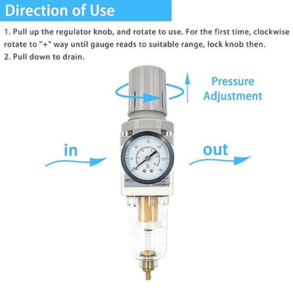 XingNEeng 1/4" NPT Compressed Air Filter Regulator Combo Piggyback, Water/Oil Trap Separator with Pressure Gauge(0-150 psi), Semi-Auto Drain, Poly Bowl, 5 Micron Brass Element, Metal Bracket