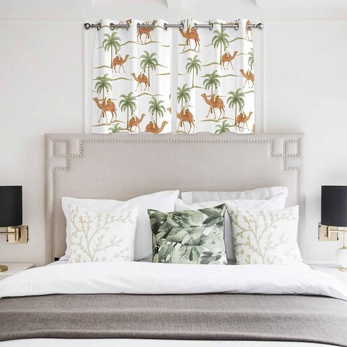 2 Panel Kitchen Cafe Curtains, Desert Camels Sunlight Filtering Nature Air Through, Home Decor Window Covering Tier Curtains for Bedroom Living Room Tropical Date Palm Trees Animal