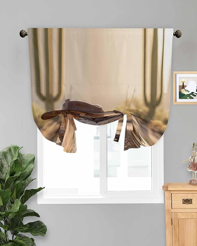 Tie Up Curtains for Windows, Cowboy Western Adjustable Balloon Nature Linen Textured Kitchen Curtain, Cowboy Hats Boots Desert Cacti Vintage Decorative Tie Up Curtain for Window, 52" x 45"