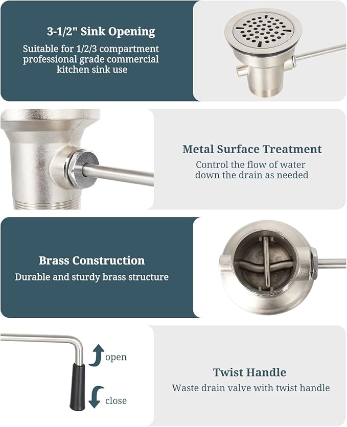 3-1/2 Inch Commercial Sink Drain with Twist Handle Kitchen Sink Opening Waste Drain Valve Stopper Prevents Sink Clogged Overflow for 1/2/3 Compartment Sink Style Drains
