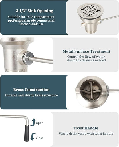 3-1/2 Inch Commercial Sink Drain with Twist Handle Kitchen Sink Opening Waste Drain Valve Stopper Prevents Sink Clogged Overflow for 1/2/3 Compartment Sink Style Drains