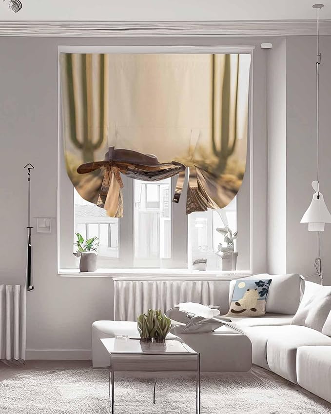Tie Up Curtains for Windows, Cowboy Western Adjustable Balloon Nature Linen Textured Kitchen Curtain, Cowboy Hats Boots Desert Cacti Vintage Decorative Tie Up Curtain for Window, 52" x 45"