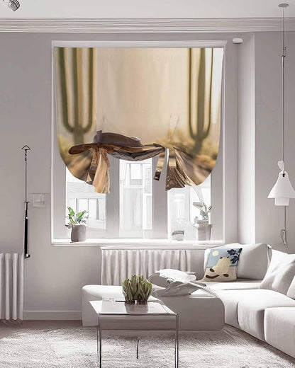 Tie Up Curtains for Windows, Cowboy Western Adjustable Balloon Nature Linen Textured Kitchen Curtain, Cowboy Hats Boots Desert Cacti Vintage Decorative Tie Up Curtain for Window, 52" x 45"