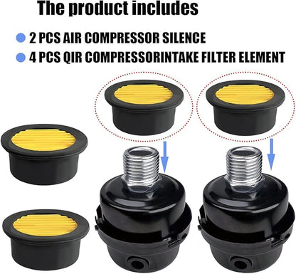 2 Pcs 1/2" Thread Air Compressor Silencer Filter, 20mm Metal Noise Muffler, Intake Filter Replacement for Generators, Blowers, Exhaust Ports, Air Compressor Parts