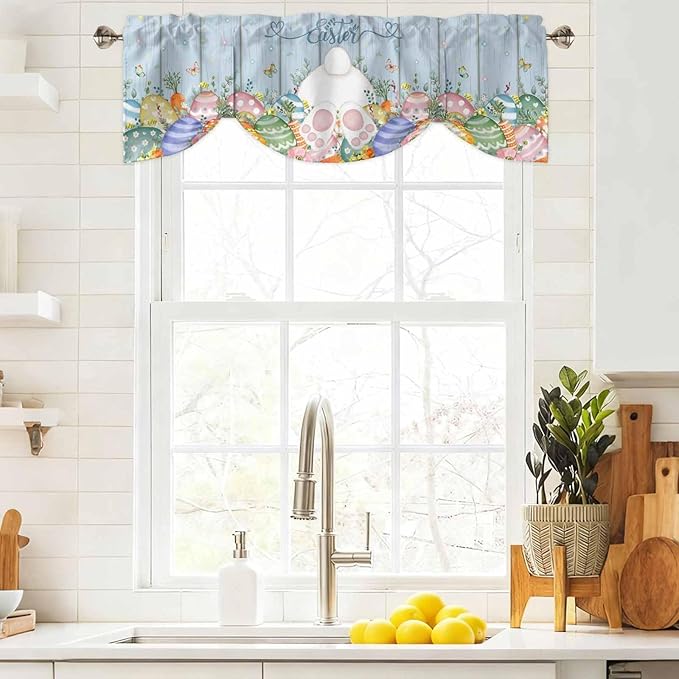 Spring Easter Tie Up Valance Curtains for Windows, Kitchen Curtains Window Shades, Rabbit Ears Foot Colorful Eggs Wooden Plank Light Filtering Roman Curtain Valances for Bedroom/Bathroom/Cafe 54"x18"