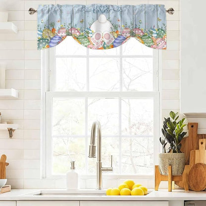 Spring Easter Tie Up Valance Curtains for Windows, Kitchen Curtains Window Shades, Rabbit Ears Foot Colorful Eggs Wooden Plank Light Filtering Roman Curtain Valances for Bedroom/Bathroom/Cafe 54"x18"