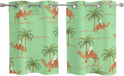 2 Panel Kitchen Cafe Curtains, Desert Camels Sunlight Filtering Nature Air Through, Home Decor Window Covering Tier Curtains for Living Room 55W x 39L inch Tropical Date Palm Trees Animal Green