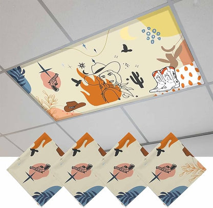 Fluorescent Light Covers for Ceiling Lights Boho Abstract Geometric Magnetic Light Filters 4 Pack 4x2 ft Cactus Cowboy Hat Ceiling Lights Cover for Classroom Office School Home Drop Lamp Decor