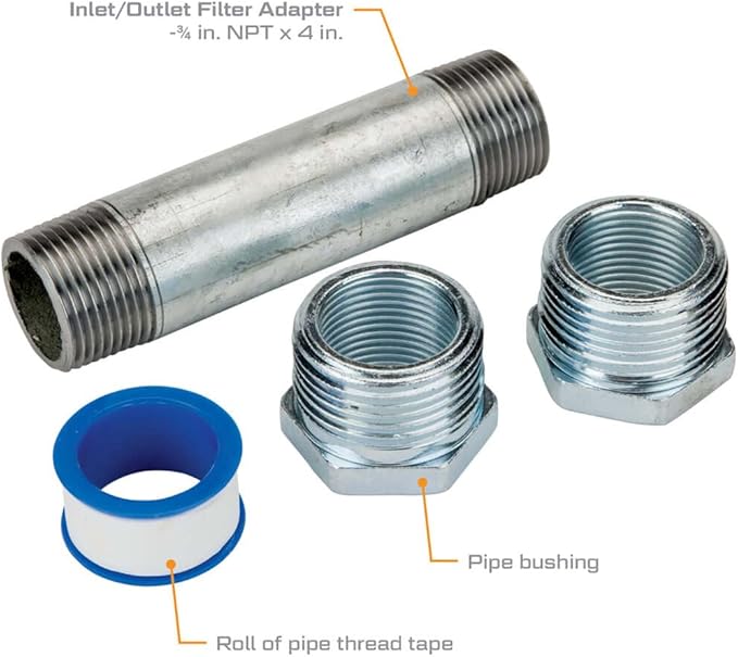 GPI Filter Adapter Installation Kit, 3/4 inch x 4 inch Pipe Nipple, 2 Pipe Bushings, Roll of Pipe Thread (GPI Genuine Accessory 110528-01)