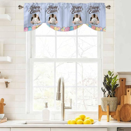 Blue Easter Tie Up Valance Curtains for Windows, Kitchen Curtains Window Shades, Spring Cartoon Bunny Colorful Eggs Wood Grain Light Filtering Roman Curtain Valances for Bedroom/Bathroom/Cafe 42"x12"