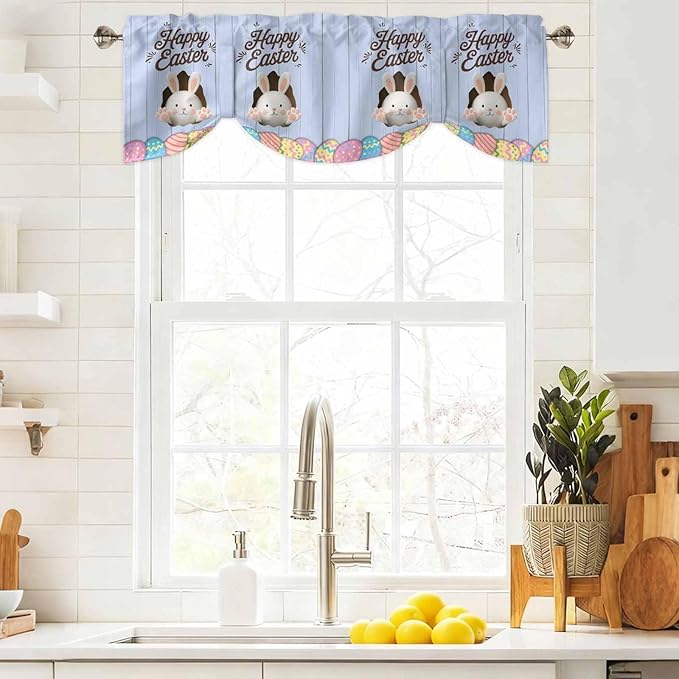 Blue Easter Tie Up Valance Curtains for Windows, Kitchen Curtains Window Shades, Spring Cartoon Bunny Colorful Eggs Wood Grain Light Filtering Roman Curtain Valances for Bedroom/Bathroom/Cafe 60"x18"