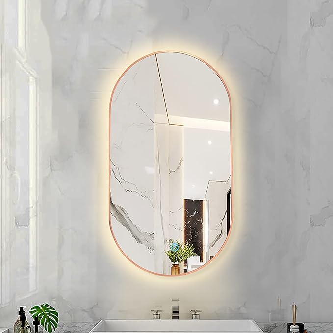 Oval LED Illuminated Bathroom Mirror, Wall-mounted Vanity Makeup Mirror with Demister Pad, 3 Dimmable Color Temperatures & Touch Control, Metal Frame Anti-Fog Lighted Wall Mirror ( Color : Rose Gold F