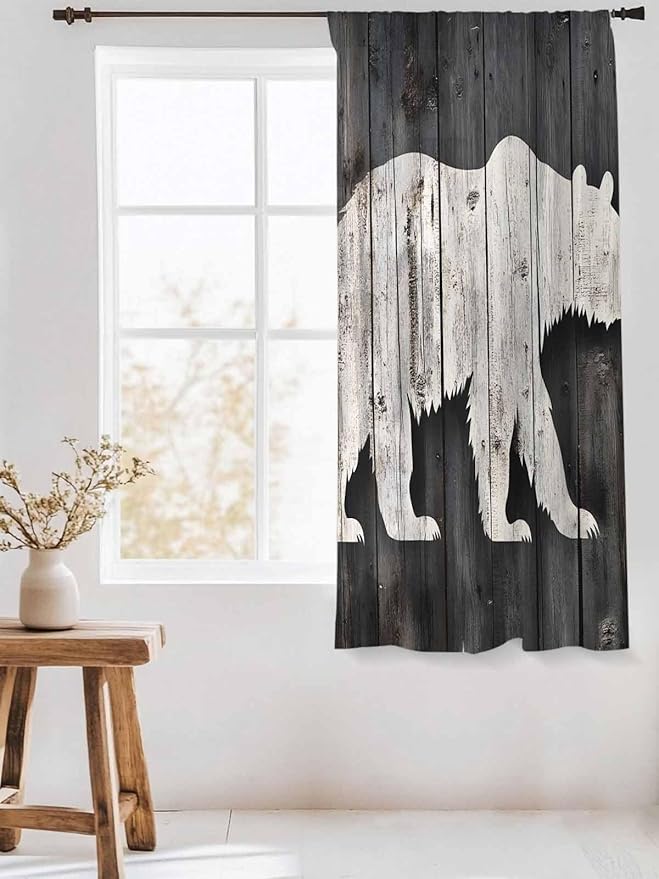 Sheer Curtains 63 Inch Length, White Brown Bear Semi Sheer Curtains Light Filtering Window Treatment, Farmhouse Country Rustic Wooden Grain Privacy Voile Drapes for Living Room Bedroom 52x63 Inch