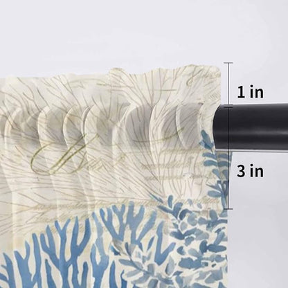 Ocean Corals Sheer Valance Curtains, Summer Beach Coral Sea Stars Retro Texture Light Filtering Kitchen Valances Rod Pocket Voile Curtain Window Treatment for Bedroom/Living Room/Basement 60Wx18L