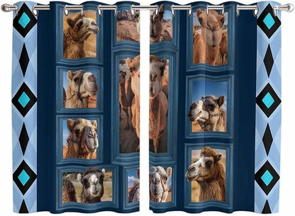 2 Panel Kitchen Cafe Curtains, Desert Camels Sunlight Filtering Nature Air Through, Home Decor Window Covering Tier Curtains for Living Room 104W x 72L inch Wildlife Brown Animals Blue Geometric