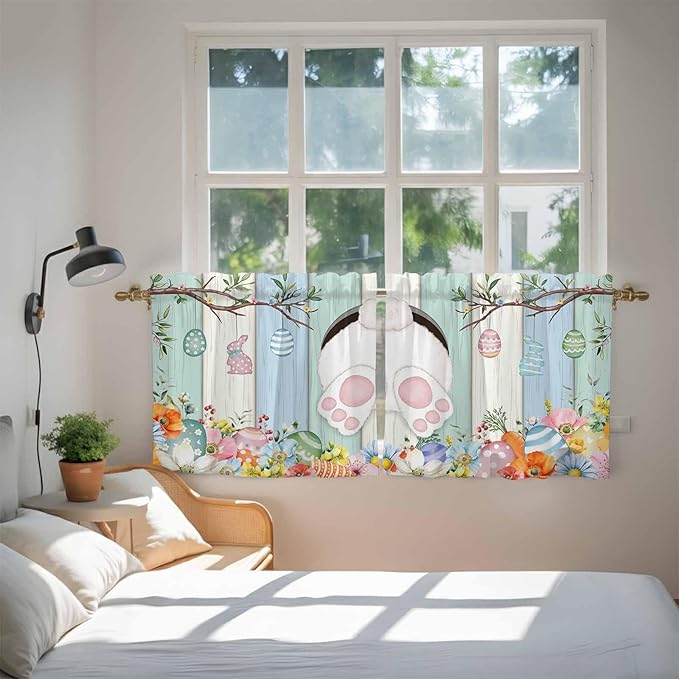 Easter Kitchen Tier Curtains 24 Inch Long 2 Panel Set,Rod Pocket Cafe Small Window Curtains Over Sink,Spring Watercolor Bunny Eggs Wood Grain Teal Blue Light Filtering Short Drapes 27.5"W x 24"L
