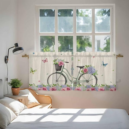 Farmhouse Spring Tier Curtains, Retro Bicycles Flowers Vines Butterfly Light Filtering Kitchen Curtains, 2Pcs Rod Pocket Half Window Treatments Panels for Sink Cafe Cabinet Camper 27.5x36 Inches