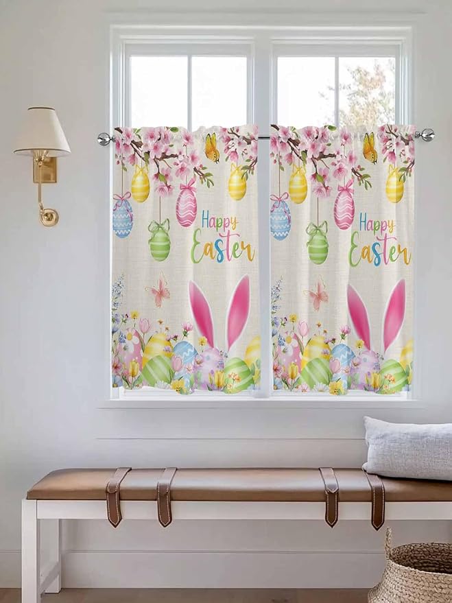 Happy Easter Tier Curtains 45 Inches Long, Spring Farmhouse Bunny Eggs Flower Beige Window Treatment Curtain Drapes, Small Curtain Drapes for Bathroom Laundry Room, 27.5"x45", 2 Panels