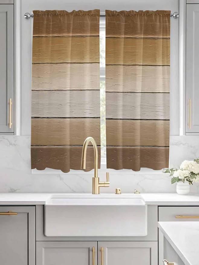 Vintage Brown Gradient Wood Grain Window Valance Curtains, Farmhouse Wood Barn Light Filtering Kitchen Valance with 3-inch Rod Pocket for Living Room Bathroom Bedroom,2 Panel,42x63In