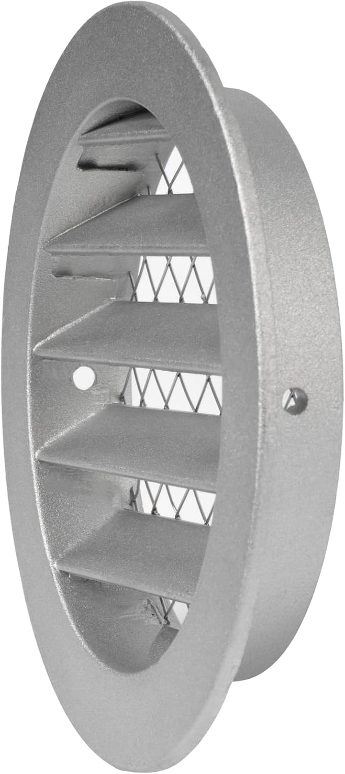 4" Gray Vent Cover - Aluminum - Industrial Round Air Vent Louver - Metal Soffit Vent with Screen - Mesh - Round Vent Grille for House Or Garage Wall- (4" Inch, Gray)