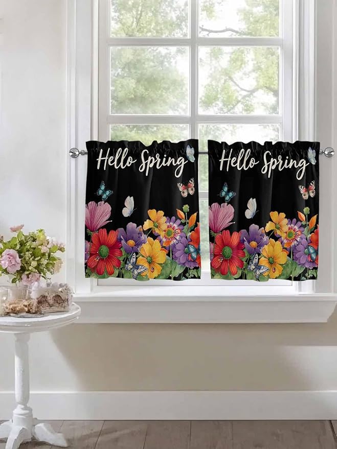 Spring Flowers Half Window Curtain 36 Inches Long, Watercolor Country Colorful Floral Black Window Treatment Curtain Drapes, Small Tier Curtains for Bathroom Over Sink, 27.5"x36", 2 Panels