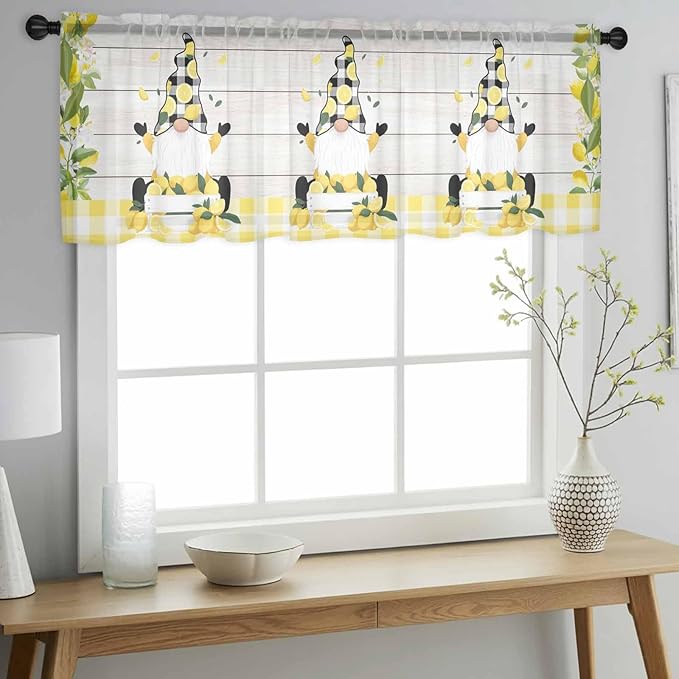 Lemon Dwarfs Sheer Valance Curtains, Gnome Green Leaf Wood Striped Black Plaid Light Filtering Kitchen Valances Rod Pocket Voile Curtain Window Treatment for Bedroom/Living Room/Basement 54Wx18L