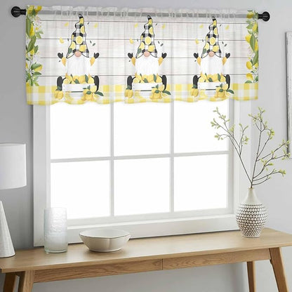 Lemon Dwarfs Sheer Valance Curtains, Gnome Green Leaf Wood Striped Black Plaid Light Filtering Kitchen Valances Rod Pocket Voile Curtain Window Treatment for Bedroom/Living Room/Basement 54Wx18L