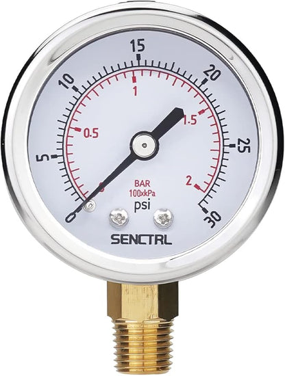 SENCTRL 0-30 Psi Low Pressure Gauge, 2" Dial Size, 1/4 Npt Lower Mount, Waterproof, Stainless Steel Case, for Water Oil Air Pressure Test