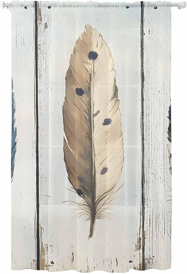 Sheer Curtains 84 Inches Long, Farmhouse Feather Semi Sheer Curtains Light Filtering Window Treatment, Watercolor Vintage Wooden Grain Privacy Voile Drapes for Living Room Bedroom 52x84 Inch