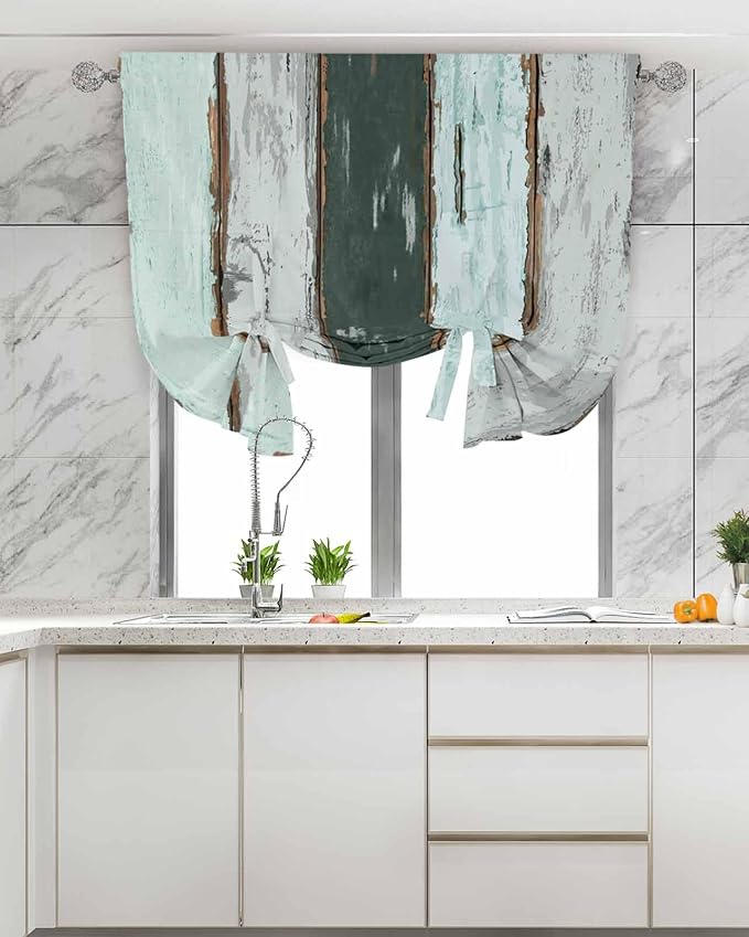 Tie Up Curtains for Windows, Blue Teal Adjustable Balloon Nature Linen Textured Kitchen Curtain, Vintage Wooden Retro Art Farmhouse Barns Tie Up Blackout Curtains for Bedroom, 52 x 63 Inches
