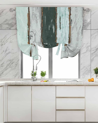 Tie Up Curtains for Windows, Blue Teal Adjustable Balloon Nature Linen Textured Kitchen Curtain, Vintage Wooden Retro Art Farmhouse Barns Tie Up Blackout Curtains for Bedroom, 52 x 63 Inches