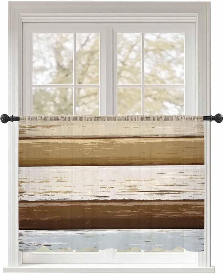 Sheer Curtains 45 Inch Length, Wood Grain Brown Semi Sheer Curtains Light Filtering Window Treatment, Farmhouse Vintage Country Geometric Privacy Voile Drapes for Living Room Bedroom 52x45 Inch