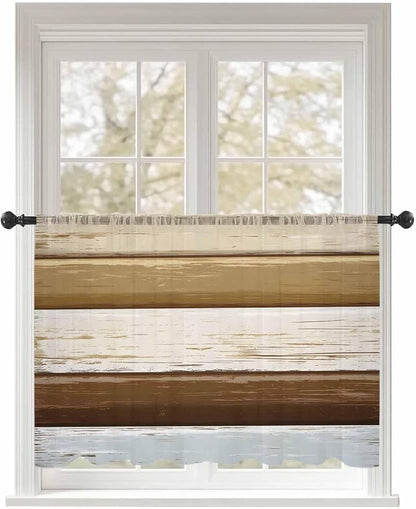 Sheer Curtains 54 Inch Length, Wood Grain Brown Semi Sheer Curtains Light Filtering Window Treatment, Farmhouse Vintage Country Geometric Privacy Voile Drapes for Living Room Bedroom 52x54 Inch
