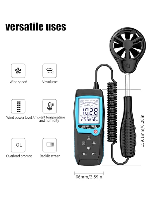 H12 Digital Anemometer Handheld Wind Speed Meter with Extended Wind Sensor, Measures Wind Speed Wind Flow Temperature and Humidity CFM Air Flow Velocity Meter with Big Backlit Screen