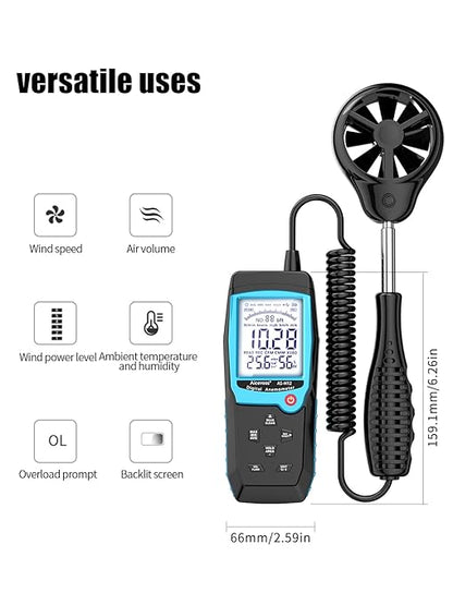 H12 Digital Anemometer Handheld Wind Speed Meter with Extended Wind Sensor, Measures Wind Speed Wind Flow Temperature and Humidity CFM Air Flow Velocity Meter with Big Backlit Screen