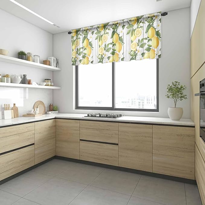 Spring Summer Lemon Sheer Valance Curtains, Leaf Flower White Wood Grain Light Filtering Kitchen Valances Rod Pocket Voile Curtain Window Treatment for Bedroom/Living Room/Basement 42Wx12L